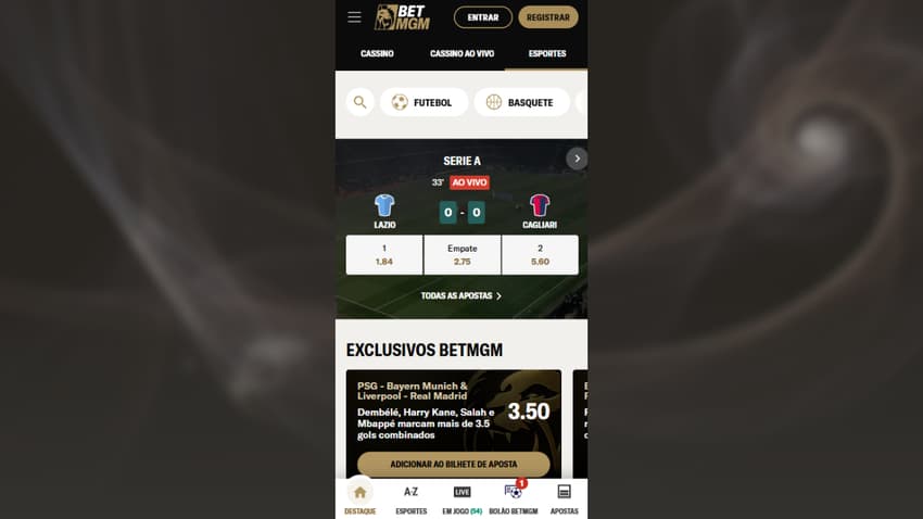 Aplicativo BetMGM com destaque para partida da Serie A do Campeonato Italiano