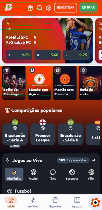 Página inicial da Betano com competições populares de futebol