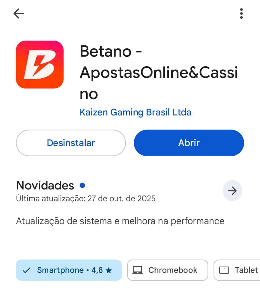 Captura de tela do aplicativo oficial da Betano na Play Store.