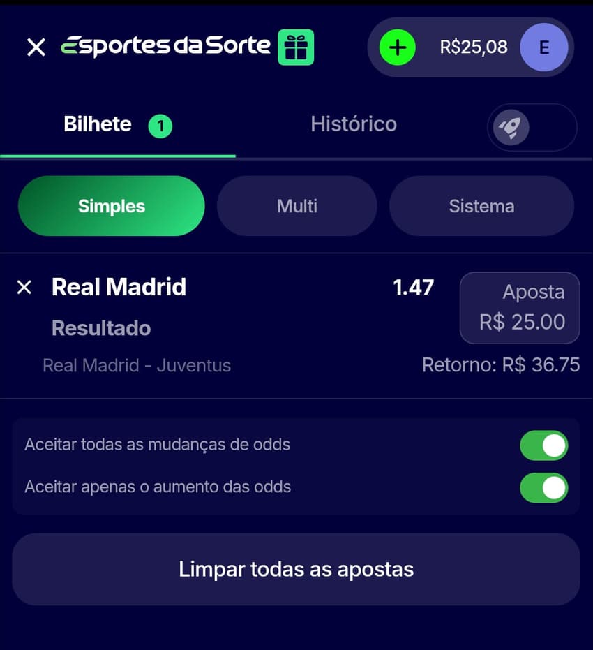 Captura de tela do boletim de apostas com seleções da La Liga