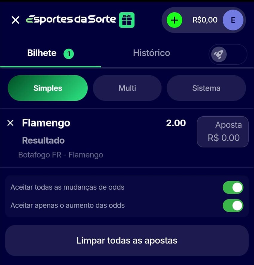 Captura de tela do bilhete de apostas do Esportes da Sorte