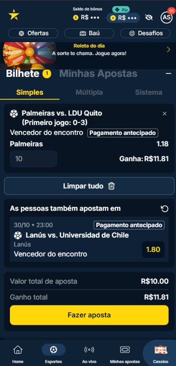 Bilhete de apostas na EstrelaBet com Palmeiras para vencer na semifinal da Libertadores