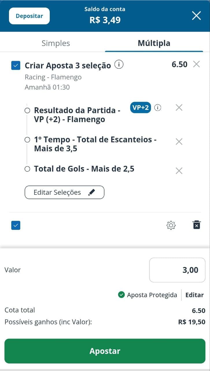 Captura de tela do bilhete de apostas na Sportingbet com aposta protegida ativada.