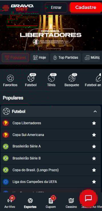 Página principal de esportes na BravoBet