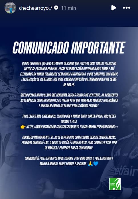 Mensagem de Arroyo do Cruzeiro no Instagram