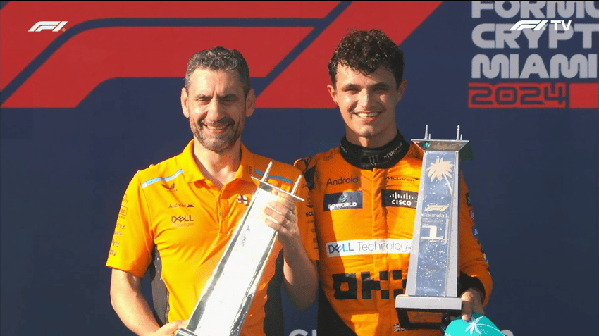 Primeira vitória de Norris na F1 foi no GP de Miami de 2024 (Foto: Reprodução / F1TV)