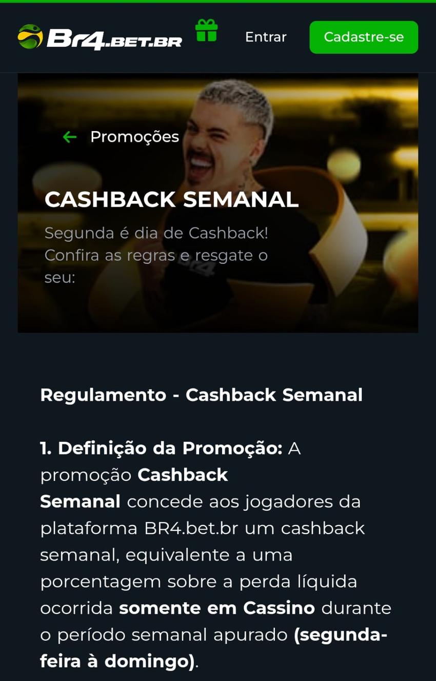 Captura de tela da promoção de cashback semanal na página da BR4Bet