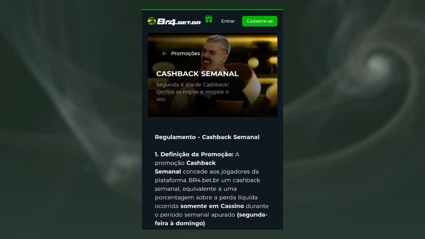 Captura de tela da promoção de cashback semanal na página da BR4Bet.
