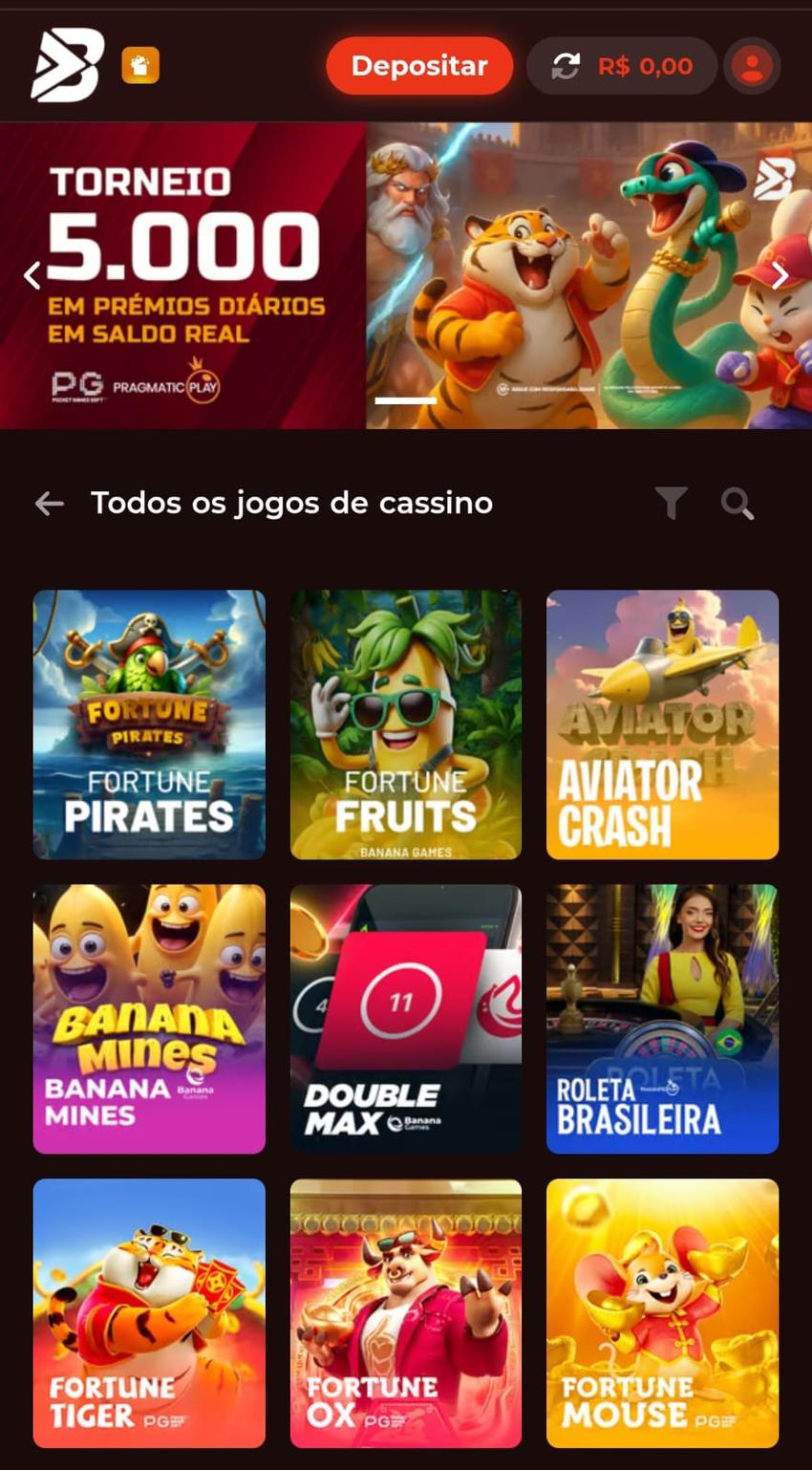 Captura de tela da página oficial de cassino da BateuBet com jogos populares