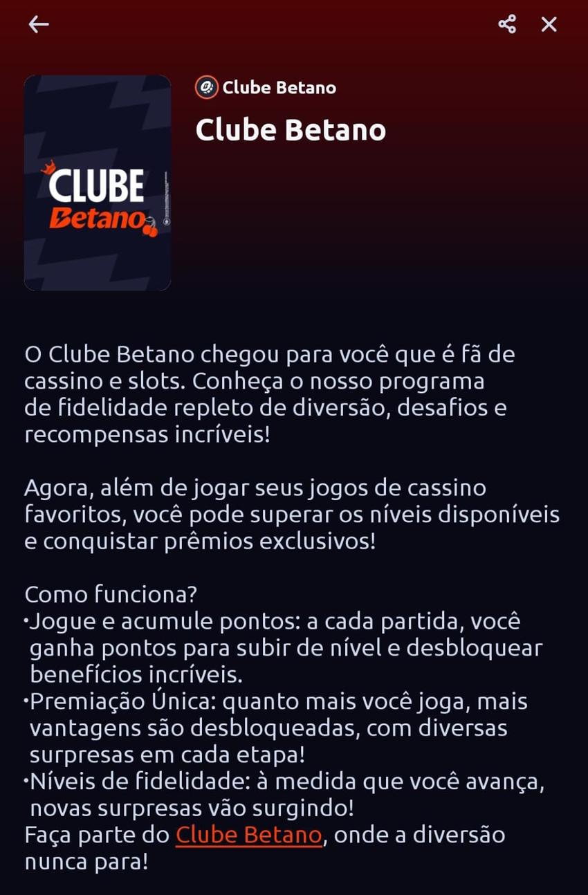 Captura de tela da página do Clube Betano e os detalhes de funcionamento do programa VIP dos usuários.
