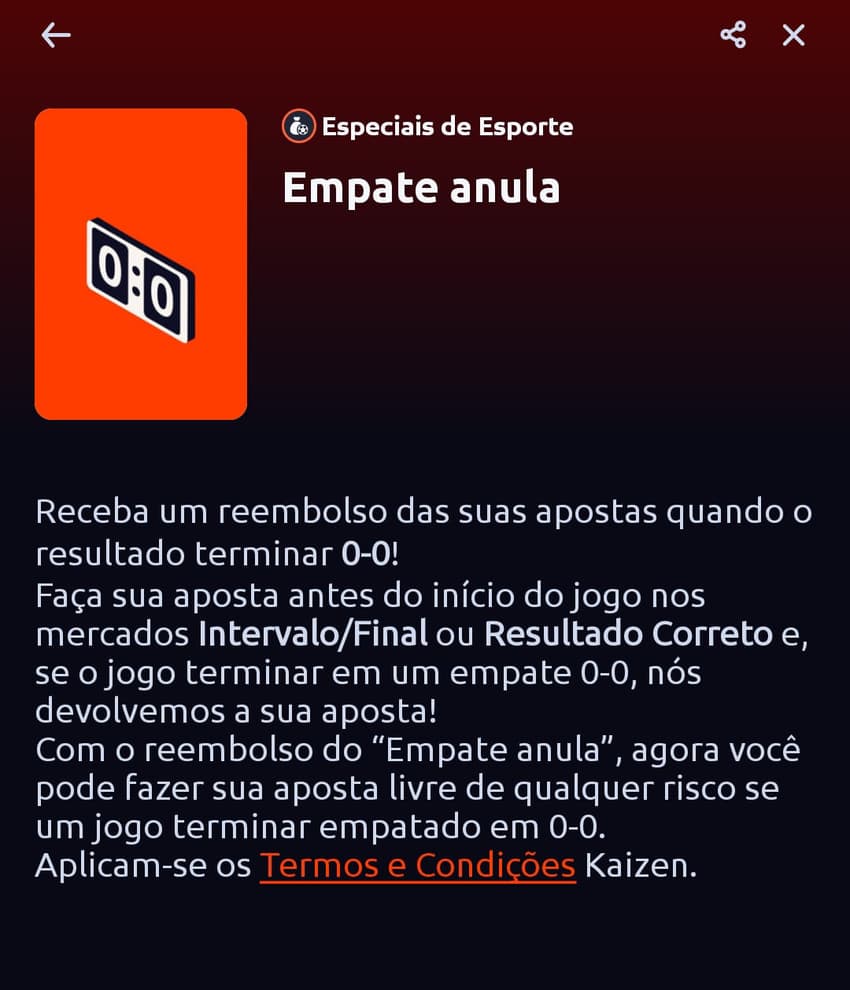 Captura de tela da página da vantagem Empate Anula no site oficial da Betano.