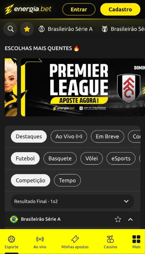 Página principal da Energia Bet pelo navegador mobile com destaque para a Premier League