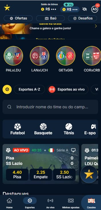 Seção de esportes na Estrela Bet com destaque para partidas de futebol ao vivo