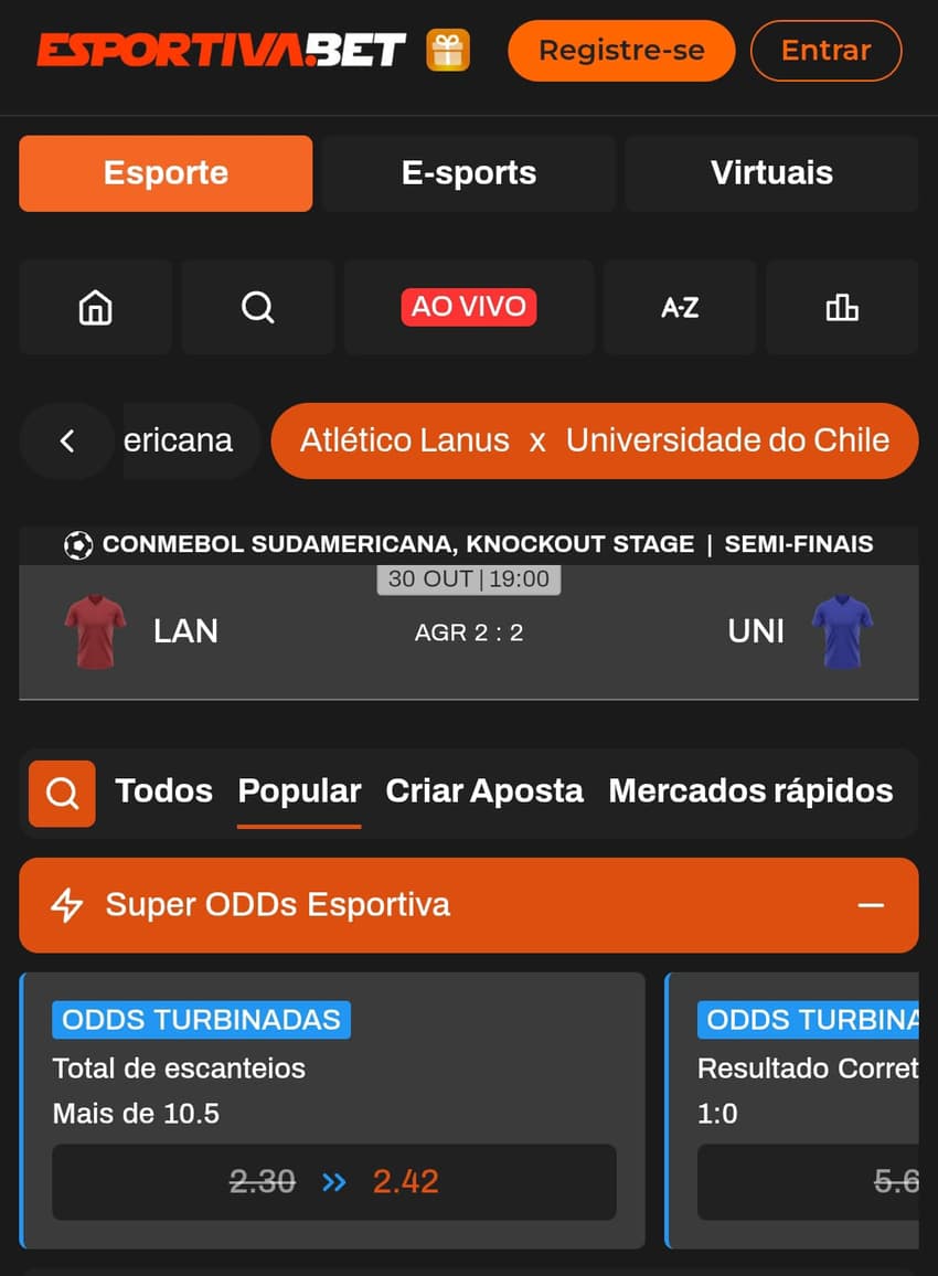 Captura de tela da promoção de SuperOdds da Esportiva Bet nos mercados de apostas esportivas
