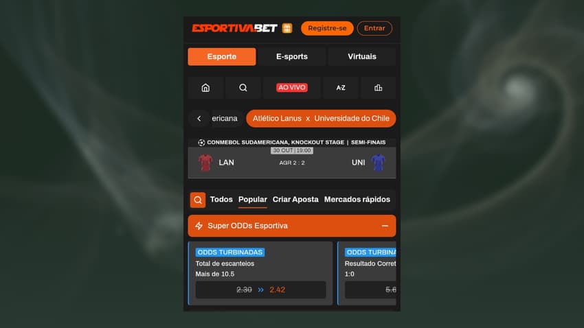 Captura de tela da promoção de SuperOdds da Esportiva Bet nos mercados de apostas esportivas.