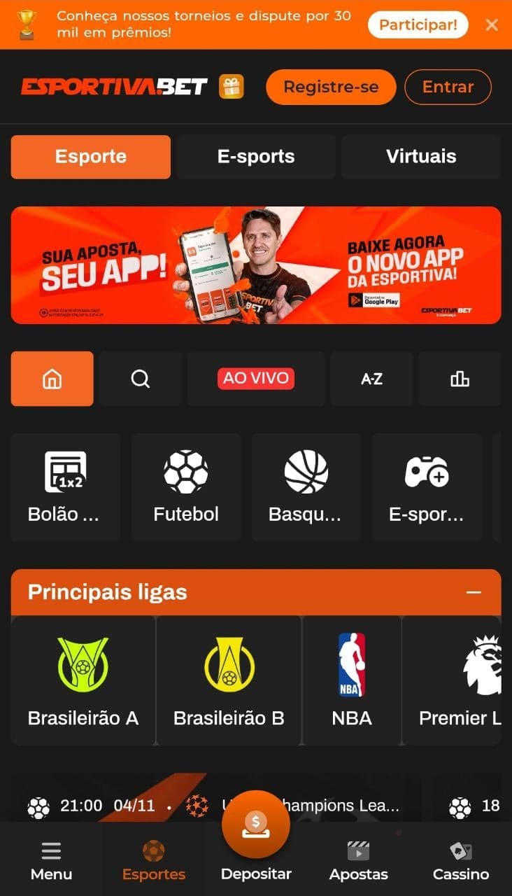 Página inicial da Esportiva.bet com foco nas principais ligas de esportes