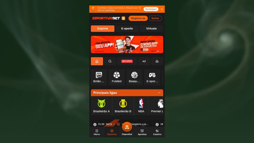 Página inicial da Esportiva.bet com foco nas principais ligas de esportes.