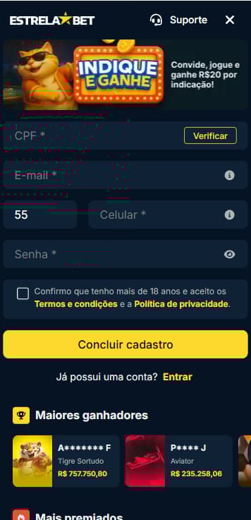 Formulário de cadastro sem código promocional Estrelabet