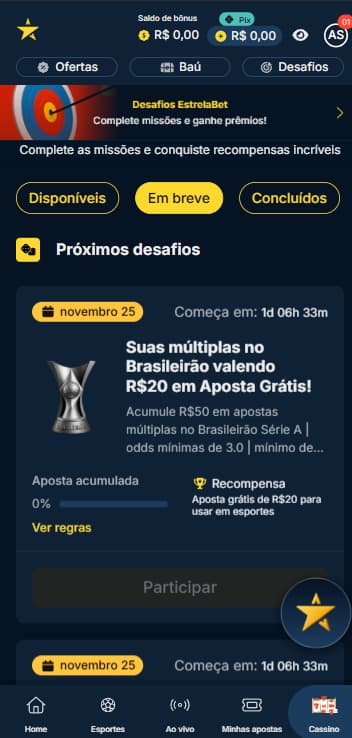Desafio do Brasileirão com apostas múltiplas valendo R$20 em freebet