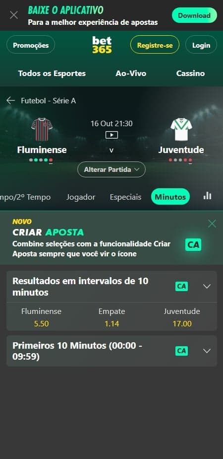 Mercados de apostas especiais na partida Fluminense x Juventude na bet365.
