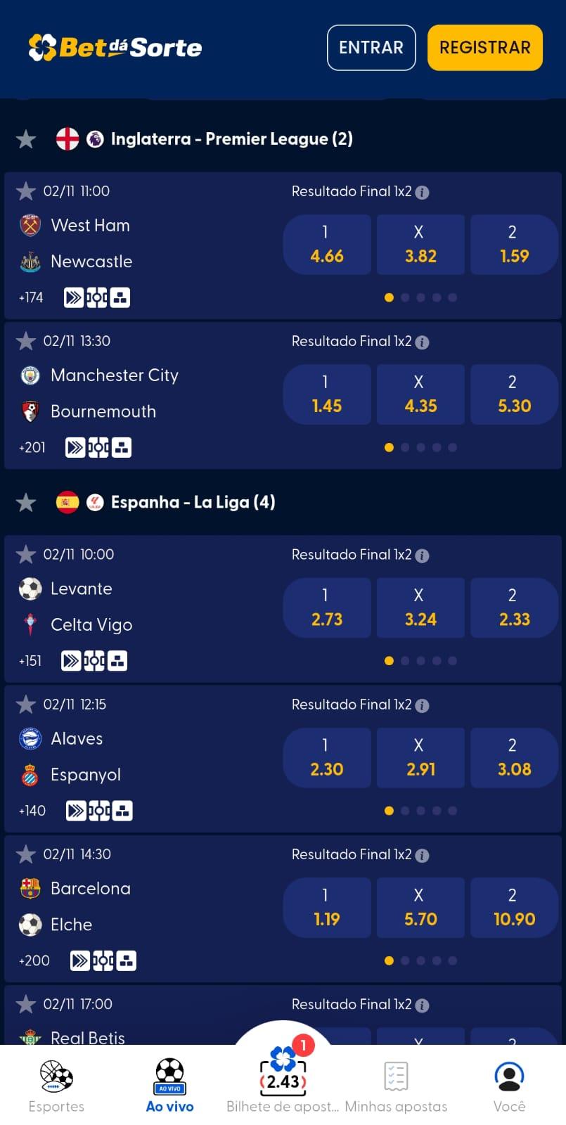 Captura de tela da página de apostas esportivas em futebol na Bet dá Sorte