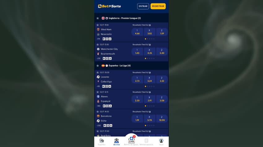 Captura de tela da página de apostas esportivas em futebol na Bet dá Sorte.