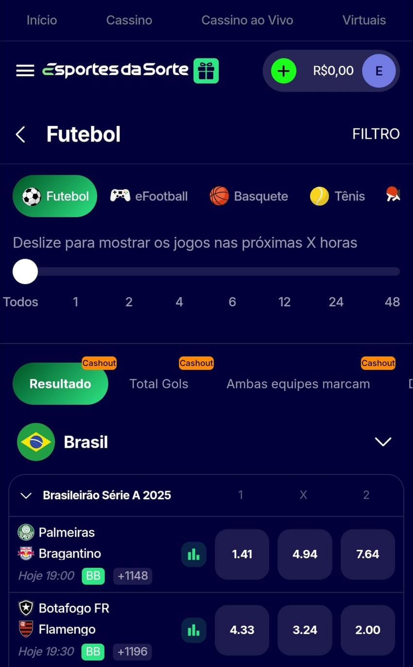 Captura de tela da seção de apostas esportivas em futebol