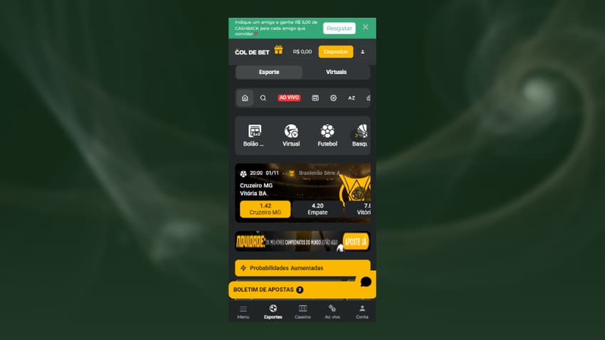 Página de esportes na Gol de Bet com destaque para partidas do Brasileirão.