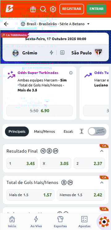 Mercados de apostas com cotações turbinadas para Grêmio x São Paulo na Betano.