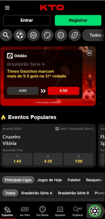 Página inicial da KTO com eventos populares de esportes do dia