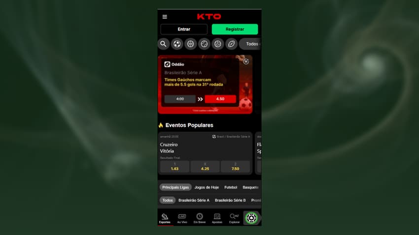 Página inicial da KTO com eventos populares de esportes do dia.