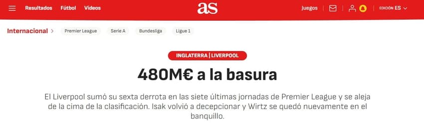 Jornal &quot;As&quot;, da Espanha, detona início de temporada do Liverpool (Foto: Reprodução)