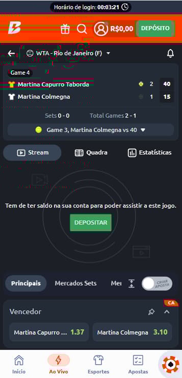 Streaming ao vivo da Betano na partida entre Martina Taborda e Martina Colmegna pelo WTA do Rio de Janeiro.