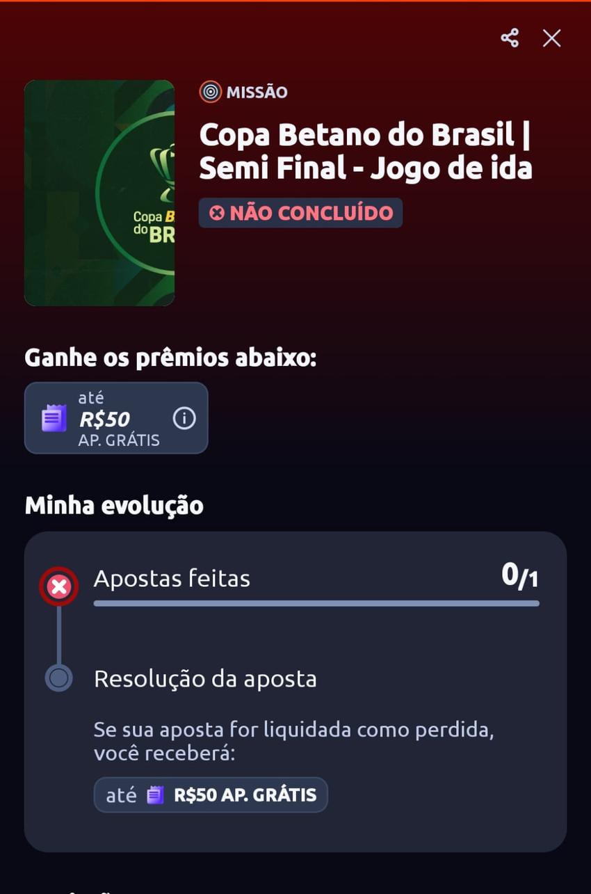 Captura de tela de uma das missões da Betano para apostar na Copa do Brasil.