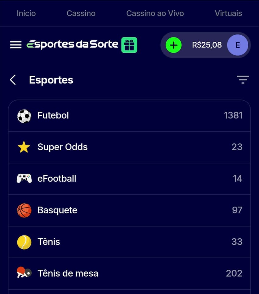 Captura de tela das modalidades da Esportes da Sorte