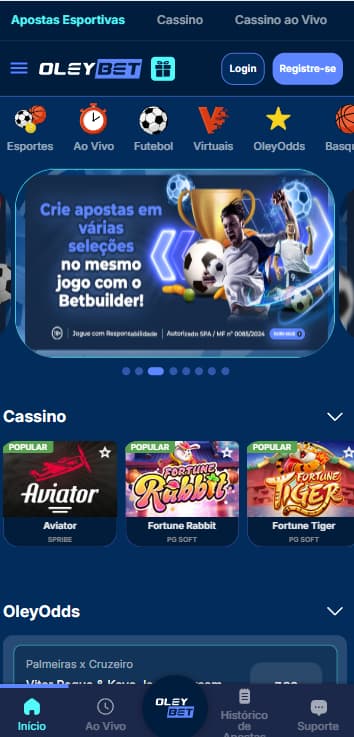 Página principal da Oleybet com destaque para Criador de Apostas e jogos de cassino