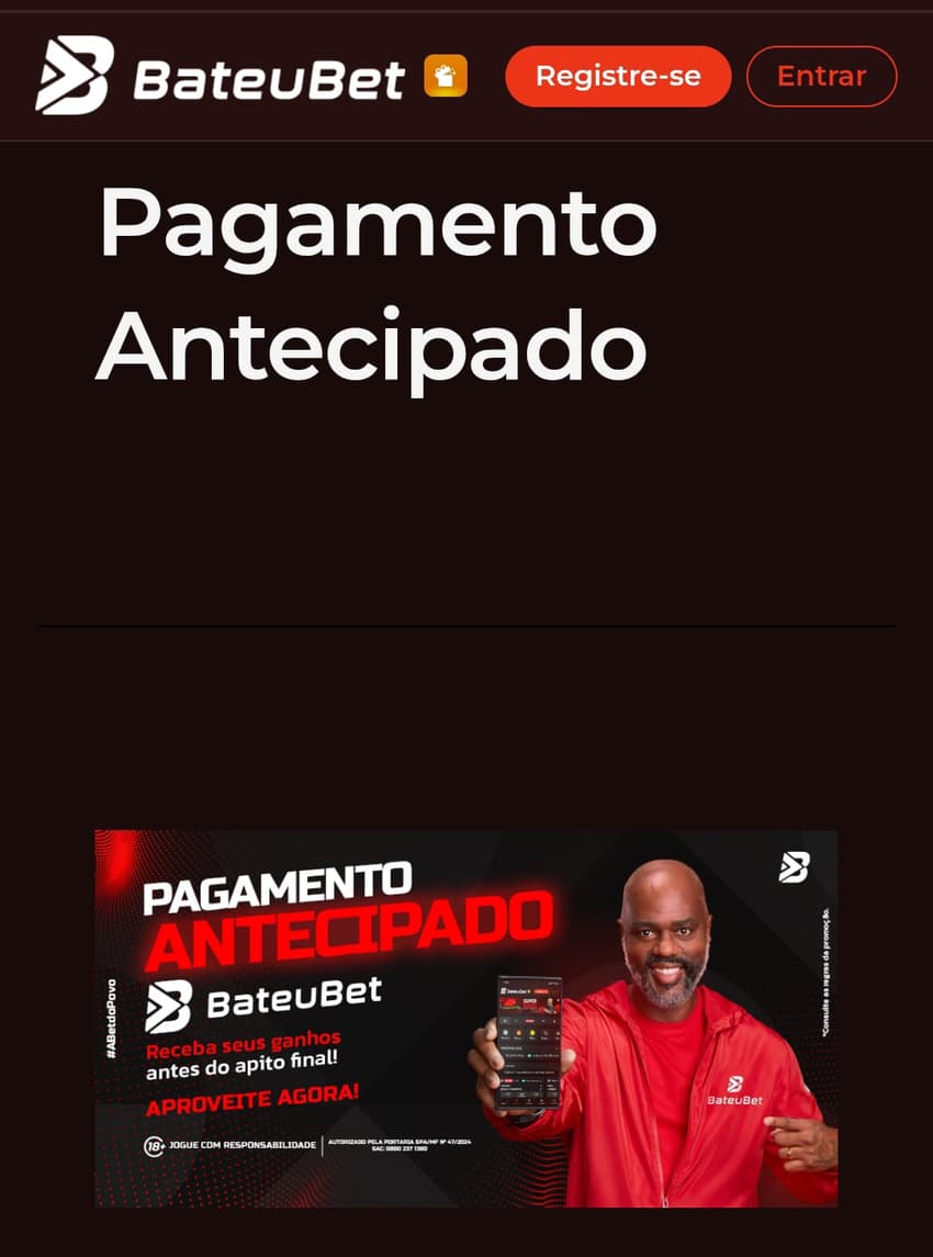 Captura de tela da oferta de Pagamento Antecipado na página oficial da BateuBet