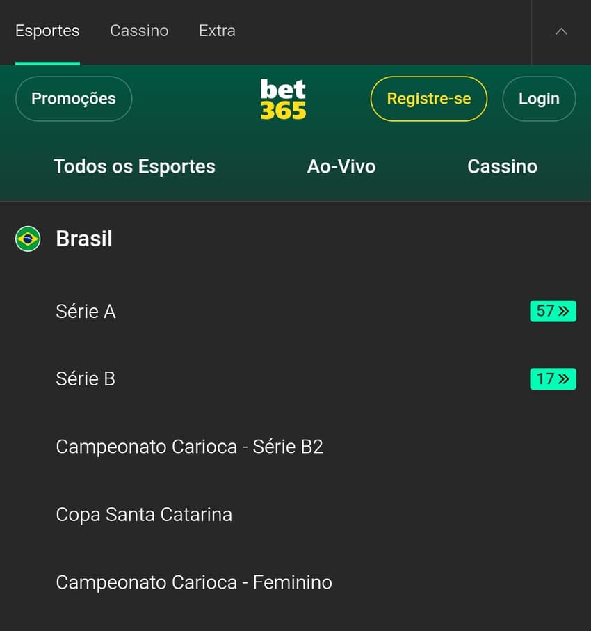 Captura de tela da seção de apostas esportivas da plataforma Bet365 com eventos nacionais