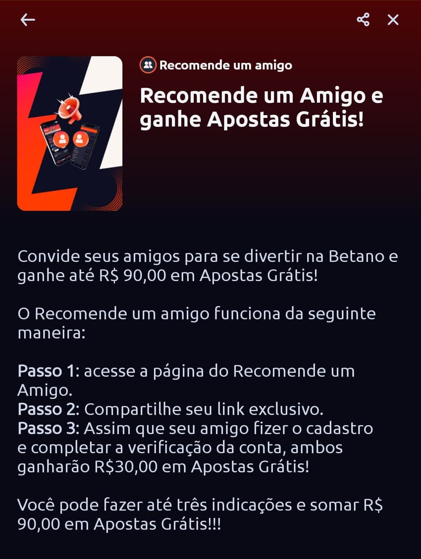 Captura de tela da página do programa de recomendação de amigos para se cadastrar com o código de indicação Betano.