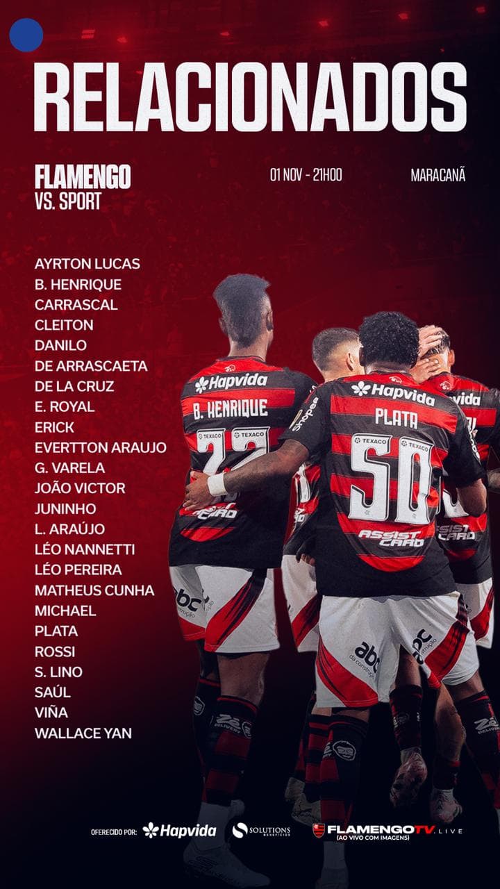 Relacionados do Flamengo para o jogo conta o Sport no Brasileirão