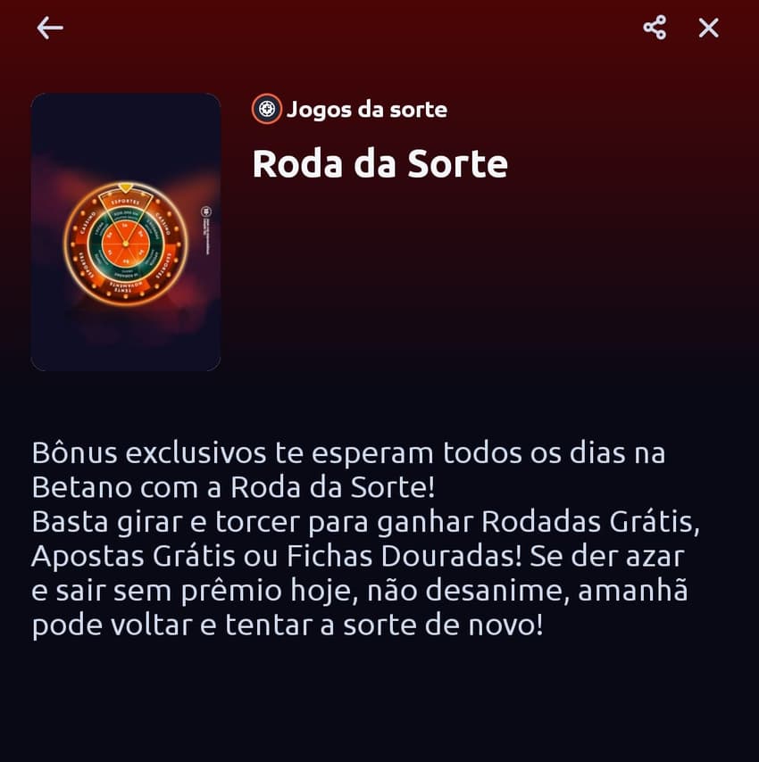 Captura de tela da vantagem diária Roda da Sorte da Betano com bônus de rodadas e apostas grátis.