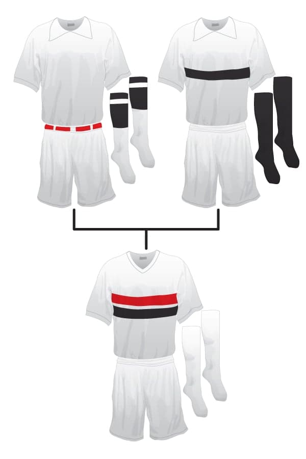 A primeira camisa do São Paulo trazia listras horizontais vermelha e preta no peito, sobre fundo branco, criando a identidade visual do Tricolor.
