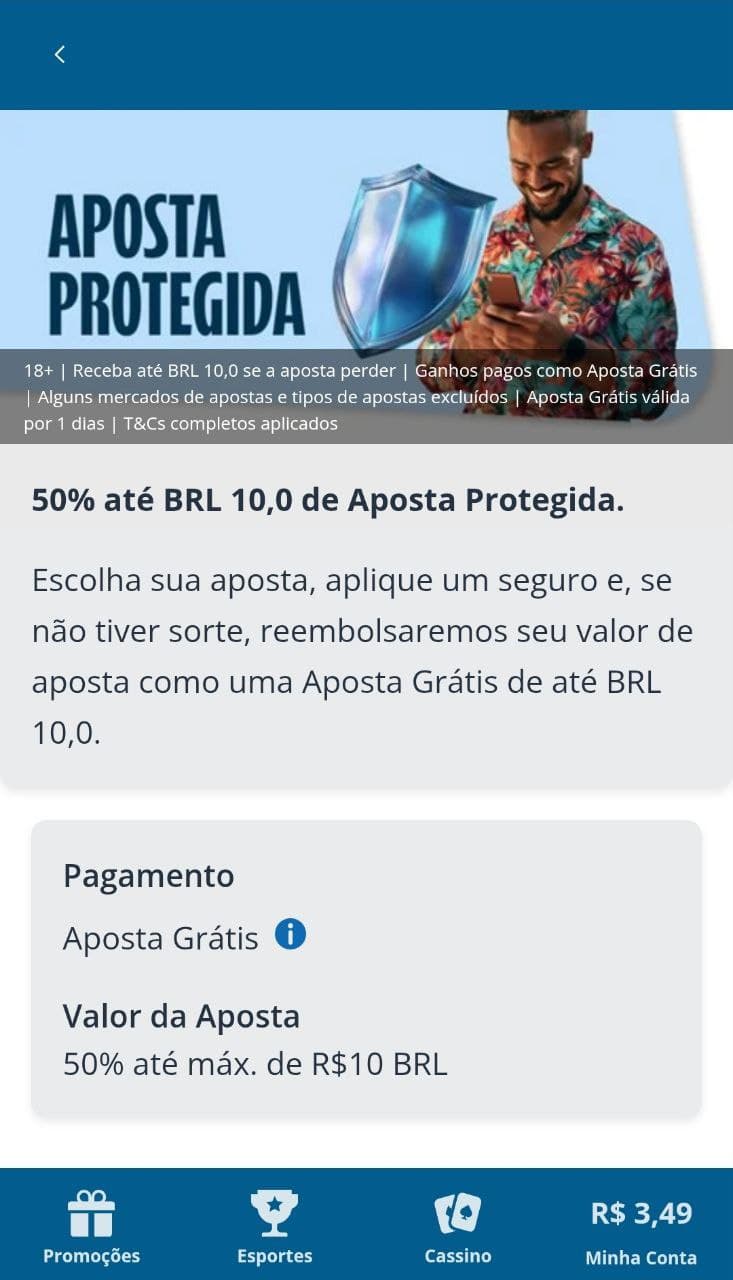 Captura de tela da aposta protegida todos os dias com até 50% de volta do valor apostado sem códigopromocional Sportingbet.