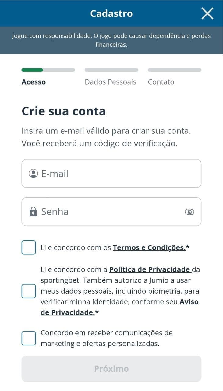 Formulário de cadastro na Sportingbet com campos de e-mail e senha