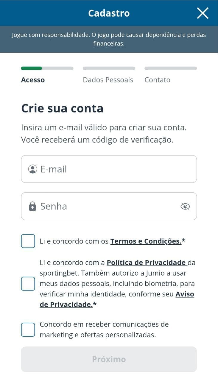 Captura de tela do formulário de cadastro na Sportingbet com campos de e-mail e senha.