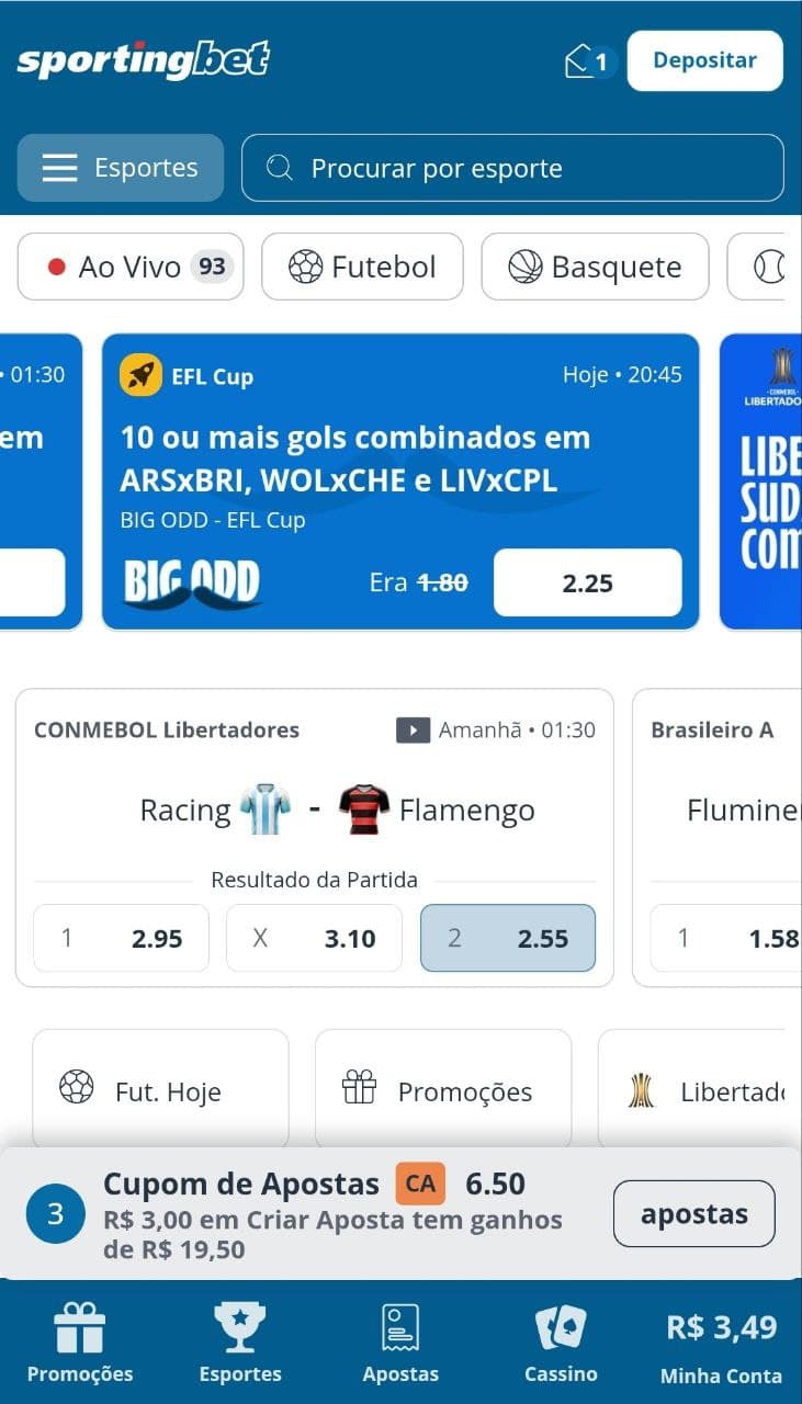 Captura de tela da seção de apostas na Sportingbet com mais de 20 modalidades esportivas.