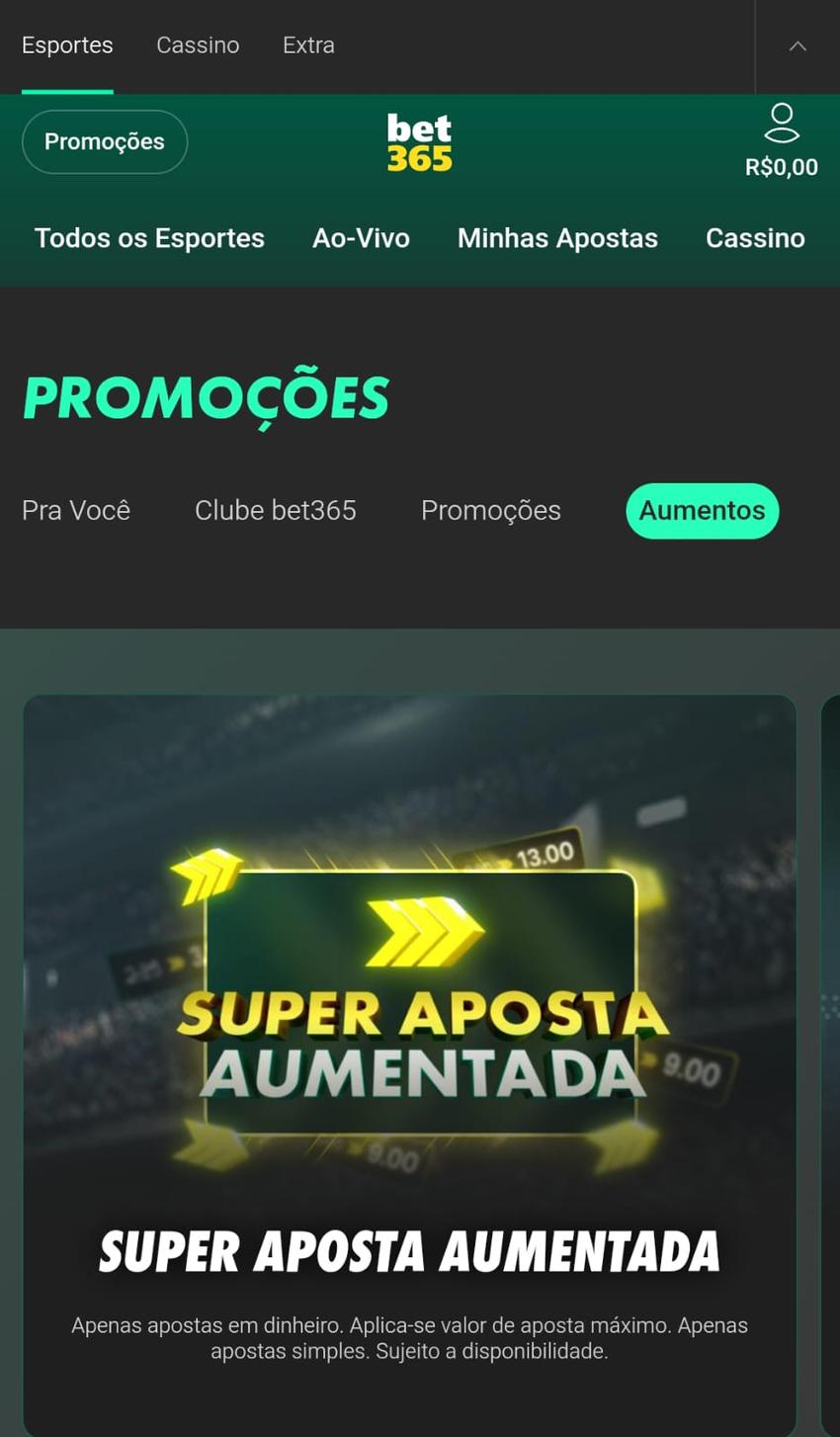 Captura de tela da oferta de Super Aposta Aumentada na plataforma Bet365