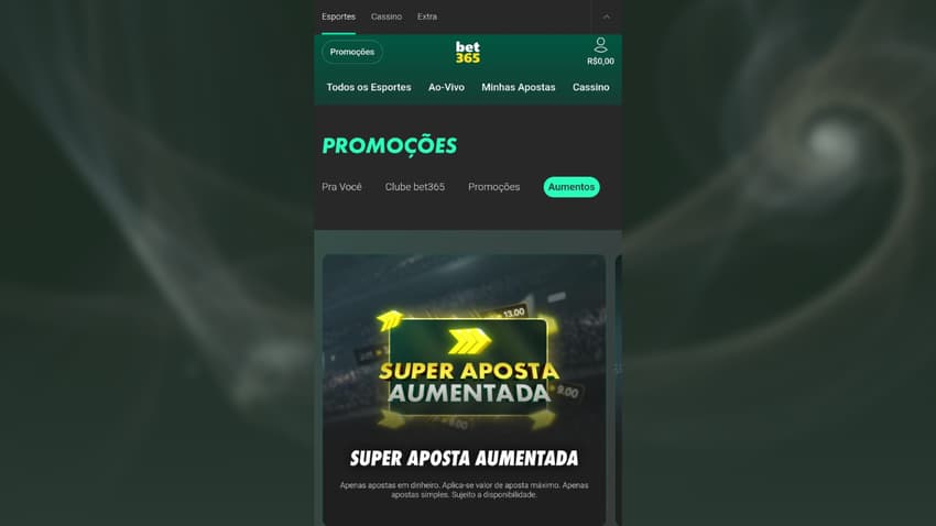 Captura de tela da oferta de Super Aposta Aumentada na plataforma Bet365.