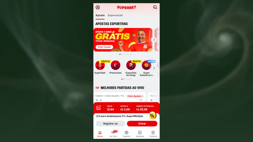 Superbet com banner de destaque para as apostas grátis na toda semana.