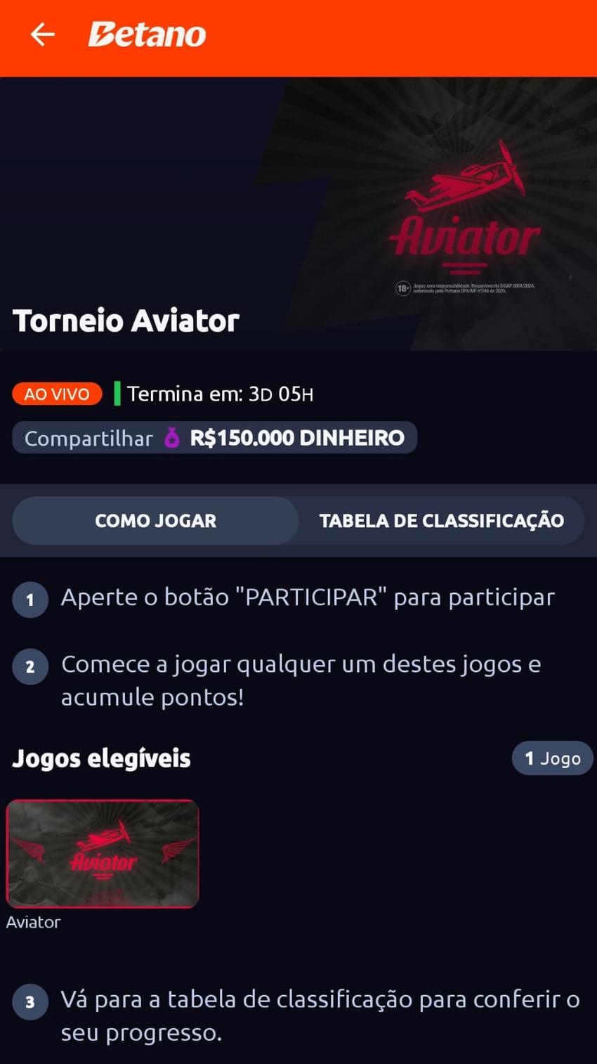 Captura de tela da página do torneio Aviator no cassino da Betano.